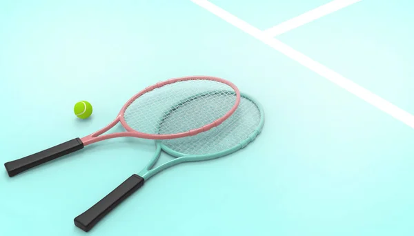 コピースペースと夏休日のためのパステルブルーの背景に新しいテニスラケットスポーツ 3Dレンダリング — ストック写真