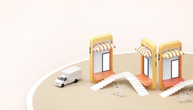Web Sitesi veya Mobil Uygulama Connect ve Dijital pazarlama Kavramı ve pastel Sarı arka plan üzerinde teslimat araba Online Alışveriş satış - 3d render