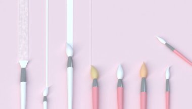 Paintbrush sanatsal set ve stüdyo ve pastel pembe Ton arka plan üzerinde minimal Kavram güzel sanat - 3d render