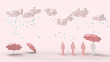Yağmur bulutları Pembe Monokrom minimal ve İnsanlar şemsiye tutarak ve Pembe arka plan sembol kavramı Modern sanat sıraya - 3d render