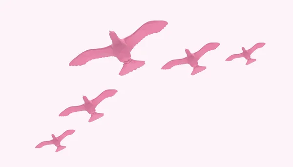 Flying Bird lowpoly pink Animal Groups on Modern Art and pastel pink background - 3d rendering