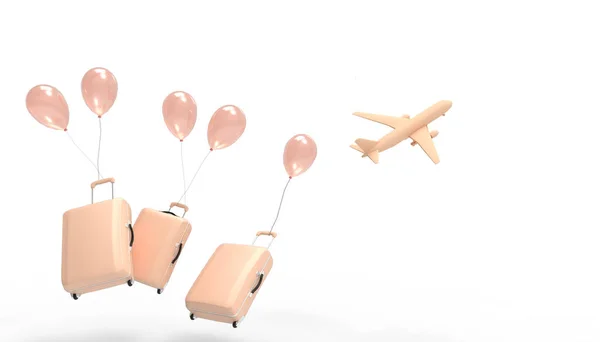 Luggage bag Airplane Orange color triple and Balloons Summer- holidays on white background - 3d rendering