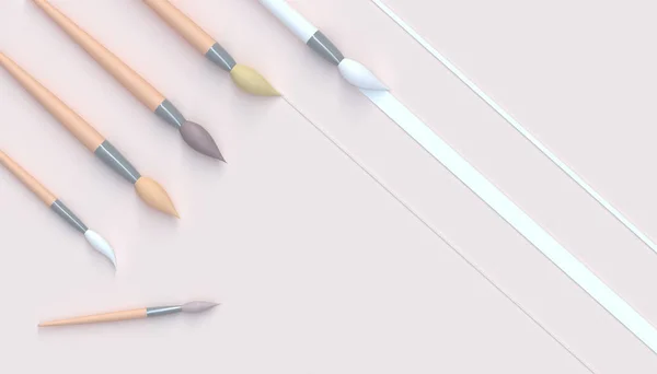 Paintbrush artistic Toons set and Beautiful artwork in studio and minimal Concept on pastel Yellow Tone background - 3D rendering