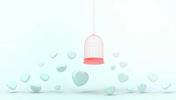 blue heart balloons trapped in Red Float cage and minimal heart group , Love concept - Valentine style - Modern Art pastel Green background - 3d rendering