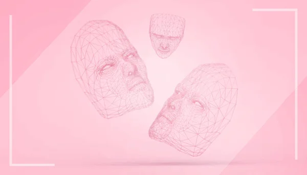 マスクレッドトリプル 描画インスピレーション低ポリコンセプトモダンアートミニマルとパステルピンクの背景に隔離 3Dレンダリング — ストック写真