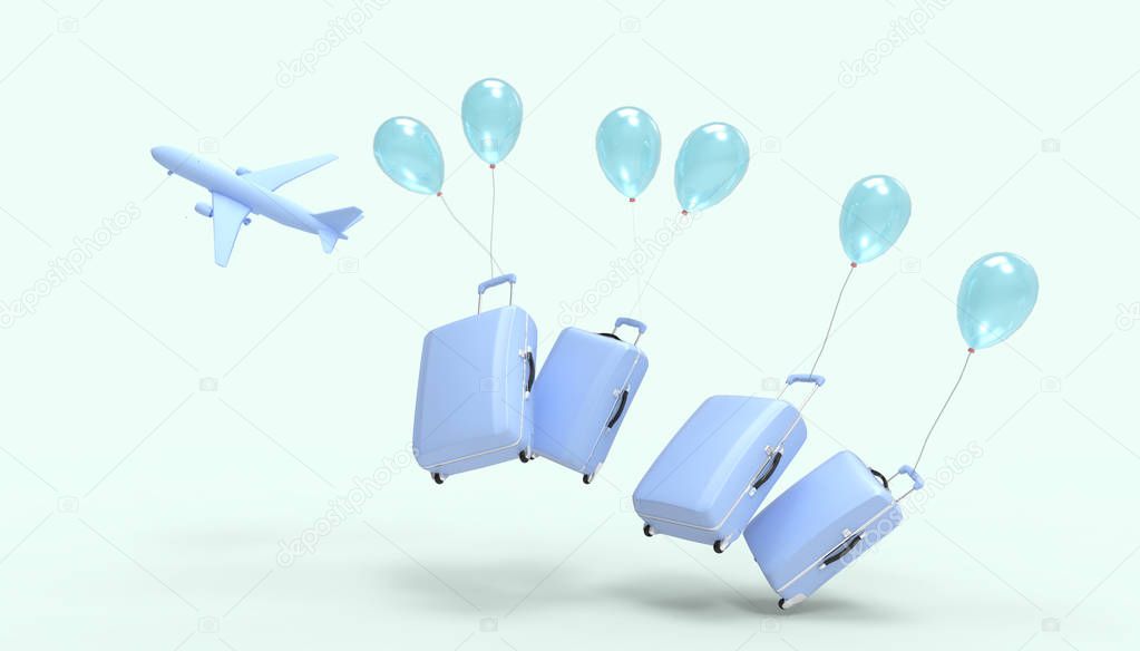Luggage bag Airplane blue paste Four and Balloons Summer- holidays on blue paste background - 3d rendering