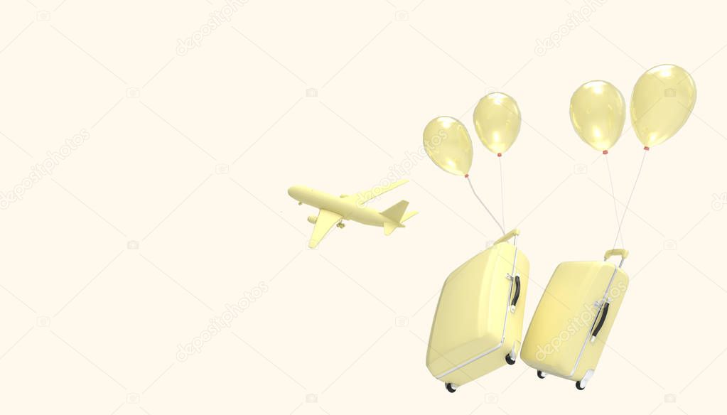 Luggage bag Airplane Yellow pastel and Concept Modern Art and Summer- holidays on Yellow background - 3d rendering