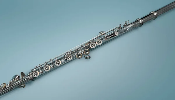 Flöten Klassisches Musikinstrument Nahaufnahme Auf Blauem Hintergrund — Stockfoto
