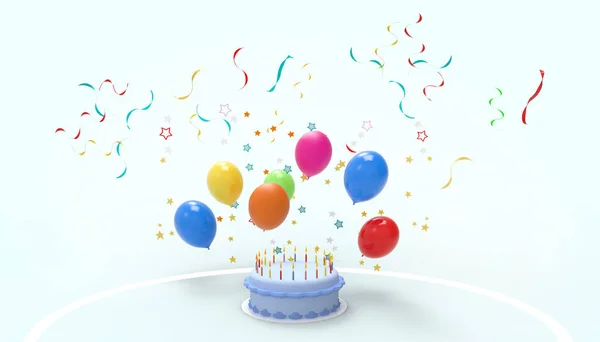 Happy Birthday Cake Interstellaire Kleurrijke Ballonnen Contemporary Pastel Groene Achtergrond — Stockfoto