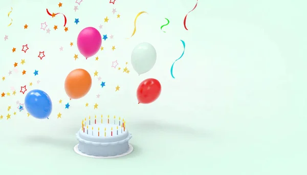 Szczęśliwy Tort Urodzinowy Interstellar Kolorowe Balony Współczesne Pastelowe Zielone Tło — Zdjęcie stockowe