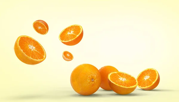 オレンジフルーツフレッシュコンセプト夏 黄色の背景に休日やアートワーク 3Dレンダリング — ストック写真