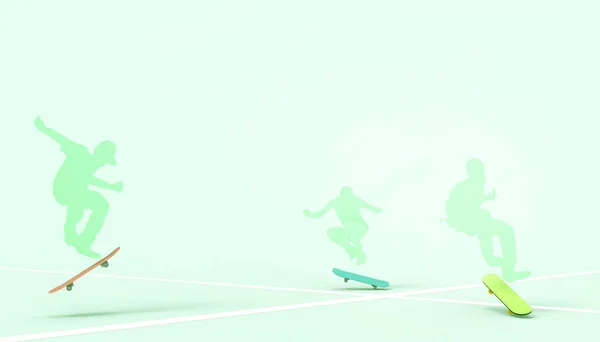 パステルグリーンの背景と夏の休日にヒップスターとフリースタイルエクストリームスポーツコンセプトのスタイルを描くスケートボードのシルエット イラストアート — ストック写真