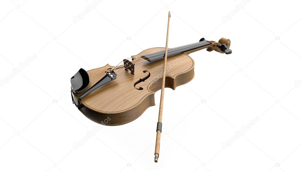 Violin with bow musical instruments of orchestra closeup isolated on white background - 3d rendering