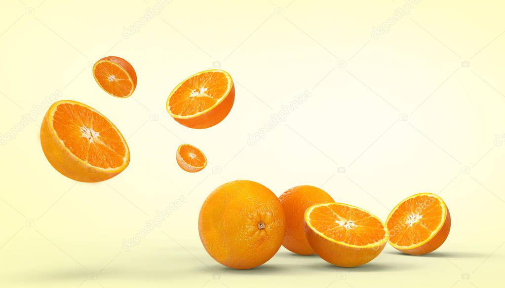 Orange fruit fresh Concept Summer - holidays and artwork on yellow background - 3d rendering