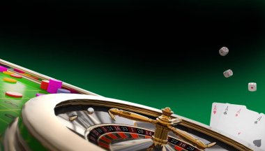 Kumarhane Online, Poker kartları, rulet, kumarhane fişleri, Kumarhane Kumarhanesi Sahne Arkaplanı Yeşil Neon Işıkları Görünümü Sanat Arkaplanı - 3D