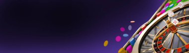 Vegas Oyunları Online, Poker kartları, rulet, kumar zarları, Kumarhane Kumarhanesi Sanatsal Arkaplanı Mavi Neon Işıkları Görüntüleme Sanatı ve Sağ Taraftaki Kopya Arkaplanı - 3d