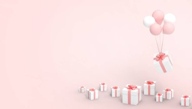 Beyaz hediye kutusu ve içinde balonlar olan kırmızı kurdele önemli festivallerde ve pembe arka planda mutlu yıllar - 3D görüntüleme