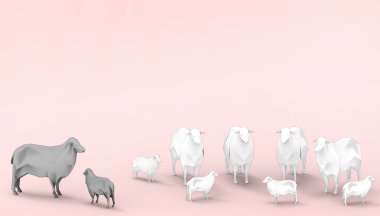 Beyaz Koyun Aile Grubu 'ndaki Kara Koyun düşük polimerli Modern Sanat ve modern pembe macun arka planı - 3D görüntüleme