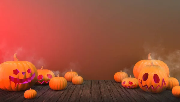 Halloween Hintergrund Kürbisse Und Rauch Rote Farbe Fußboden Holz Auf — Stockfoto