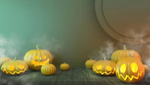 Calabazas Fondo Halloween Humo Madera Piso Pastel Arte Concepto Pantalla —  Fotos de Stock