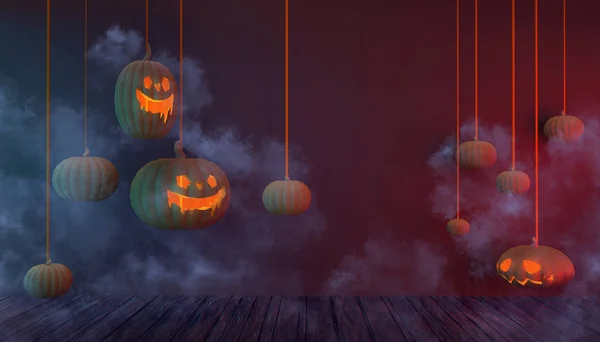 Halloween Háttér Sütőtök Akasztás Füst Padló Lila Pasztell Megjelenítése Koncepció — Stock Fotó