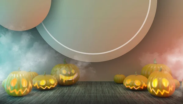 Calabazas Halloween Madera Piso Espeluznante Concepto Nocturno Moderno Con Arte — Foto de Stock