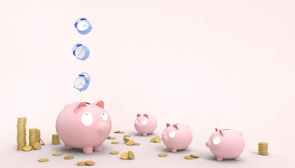 Piggy Pink bank Savings money Family Groups Modern Art and watch blue in Concept Savings Time pastel Pink background - 3d rendering