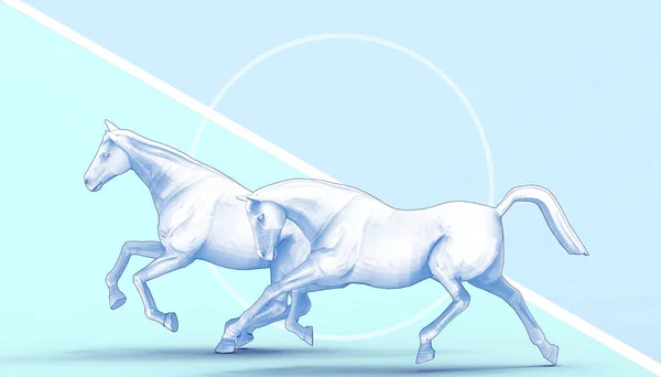 動物の馬トリプルコンセプトと青の背景のモダンなスタイルでのアイデアスポーツ競技 3Dレンダリング — ストック写真