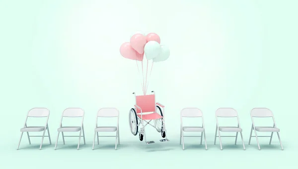 Rolstoel Roze Ballonnen Witte Stoel Concept Medische Handicap Ouderen Ballonnen — Stockfoto