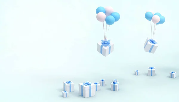 White gift box and blue ribbon balloons in the important festivals and the happy Birthday on blue background - 3d rendering