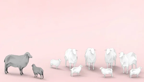 Black Sheep in White Sheep Family Group low poly Concept Modern art and contemporary modern pink paste background - 3D rendering
