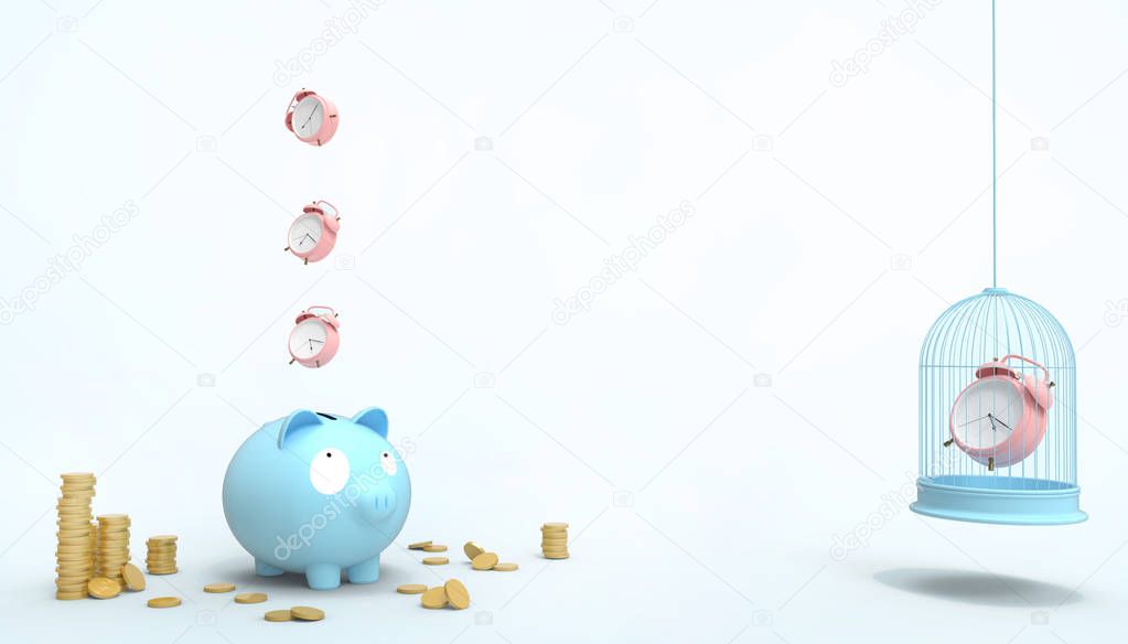 Piggy Blue bank Savings money and Time Savings Pink Clock Concept Modern Art pastel Blue background - 3d rendering