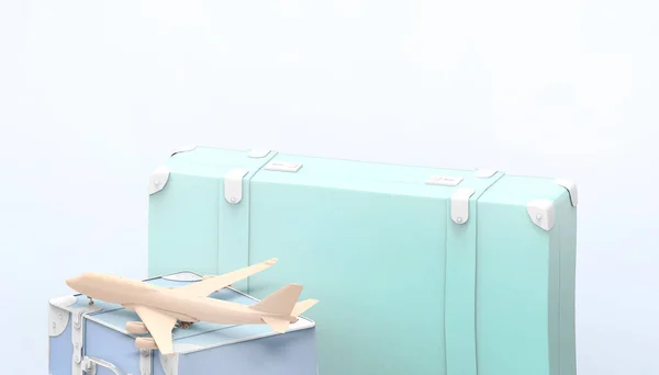 Koffer Blauw Met Travel Bag Holidays Concept Vliegtuig Blauwe Achtergrond — Stockfoto