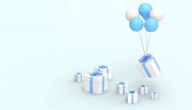 Mavi kurdeleli hediye kutusu sürprizi ve mavi arka planda mavi balon. Tebrik kartı kağıt sanatı tarzı - 3D görüntüleme