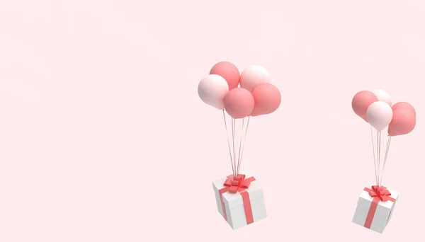 Gift Box Surprise with Red ribbon and Red Balloon on Red background.greeting card paper art style - 3d rendering