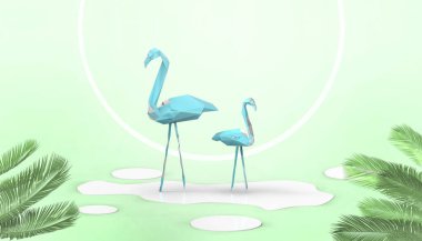 Yaratıcı yaz plajı geçmişi ve tatil Flamingo kavramı Yeşil arka planda yaprak - 3D görüntüleme
