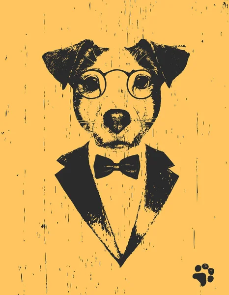 Dog Eyeglasses Tuxedo Bow Yellow Background — Stock Vector