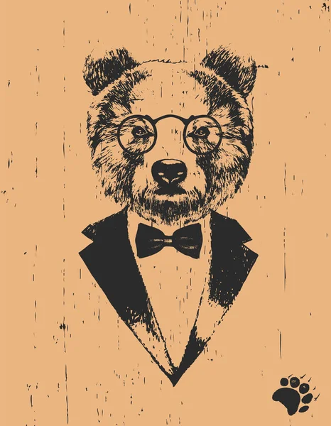 Beruang Dengan Kacamata Dalam Tuksedo Dengan Busur Latar Belakang Oranye - Stok Vektor