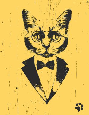Smokin sarı arka plan üzerinde yay ile gözlük ile kedi