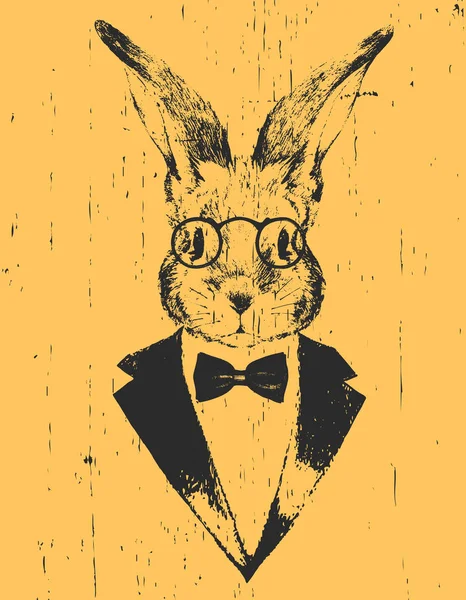 Hare Med Glasögon Smoking Med Rosett Gul Bakgrund — Stock vektor