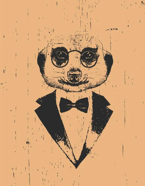 Meerkat Con Occhiali Smoking Con Fiocco Fondo Arancione — Vettoriale Stock