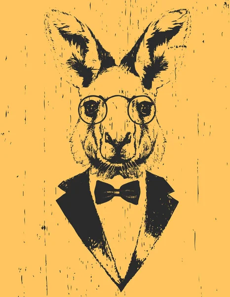 Canguro Con Gafas Esmoquin Con Lazo Sobre Fondo Amarillo — Vector de stock