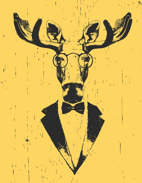 黄色の背景にリボン付きのタキシードで眼鏡と鹿 — ストックベクタ