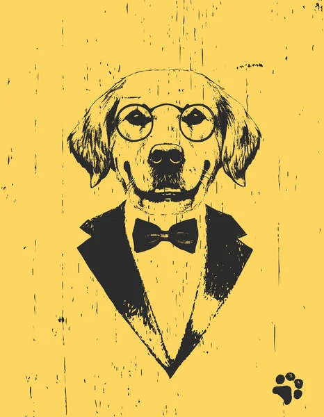 Perro Con Gafas Esmoquin Con Lazo Sobre Fondo Amarillo — Archivo Imágenes Vectoriales