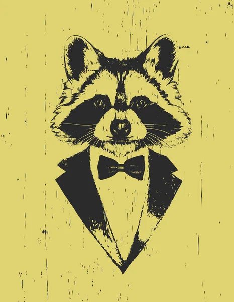 Racoon Tuxedo Bow Yellow Background — Stock Vector