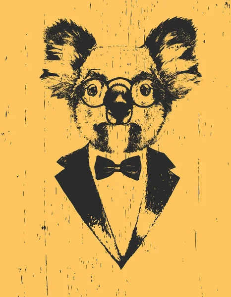 Koala Eyeglasses Tuxedo Bow Yellow Background — Stock Vector