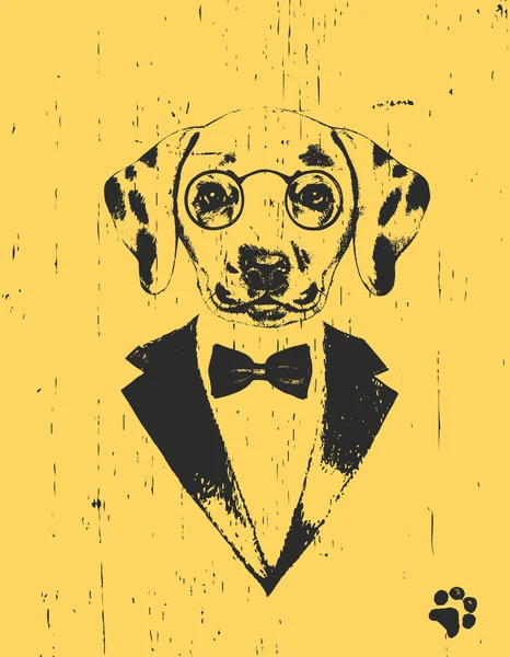 Hund Med Glasögon Smoking Med Rosett Gul Bakgrund — Stock vektor