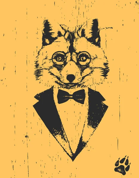 Vlk Brýlemi Smokingu Lukem Žlutém Podkladu — Stockový vektor