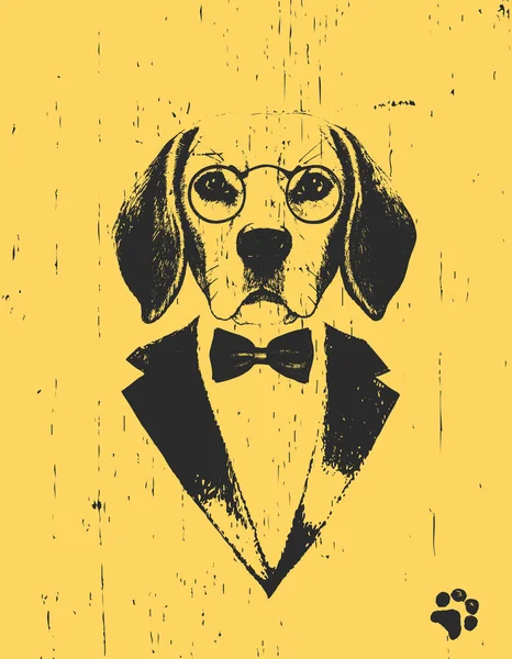 Dog Eyeglasses Tuxedo Bow Yellow Background — Stock Vector