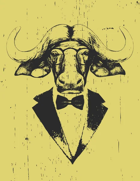 Buffalo Avec Des Lunettes Vue Smoking Avec Noeud Sur Fond — Image vectorielle